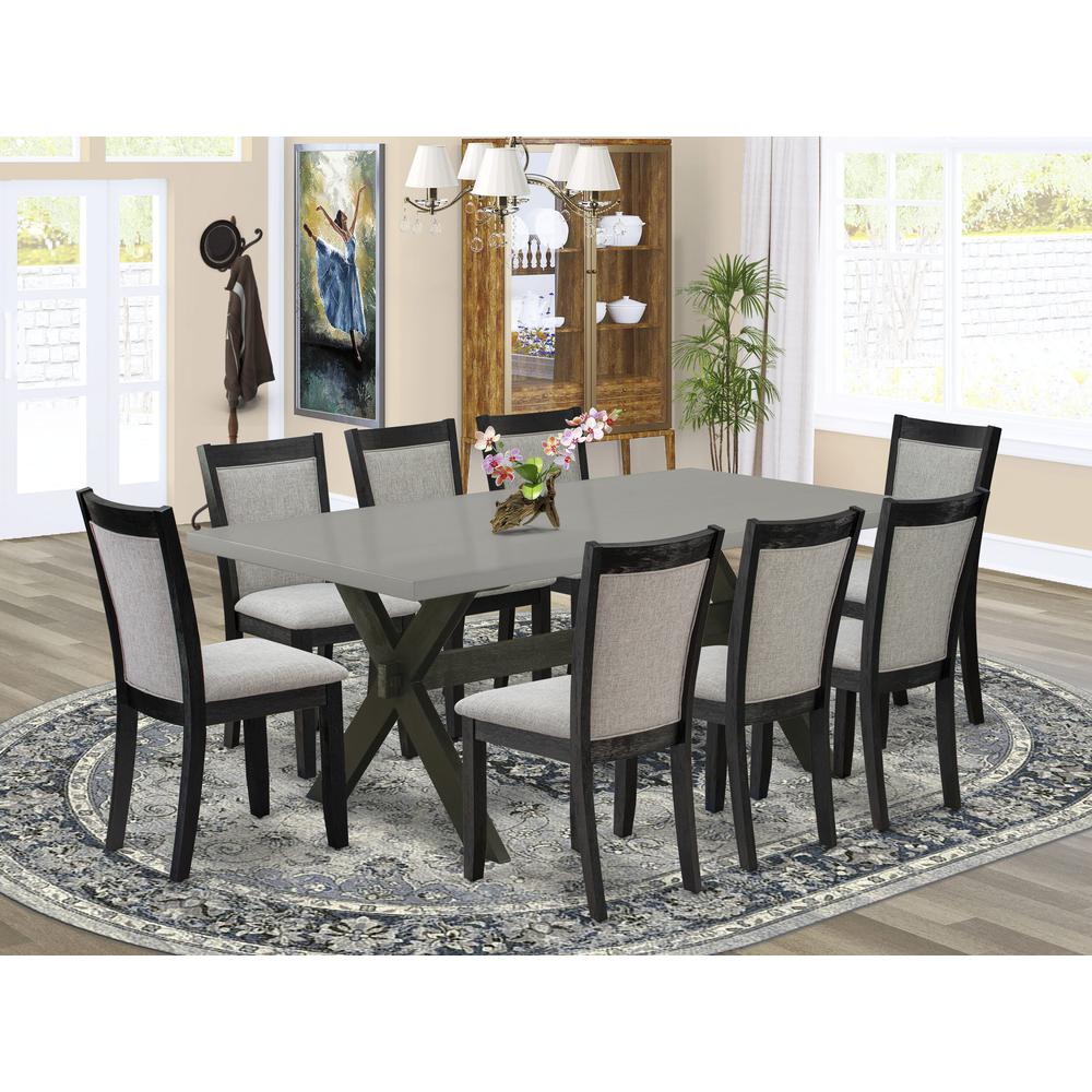 East West Furniture 9 Piece Modern Dining Set - Cement Top Mid Century Modern Dining Table with Trestle Base and 8 Shitake Linen Fabric Parson Chairs - Wire Brushed Black Finish. Picture 1