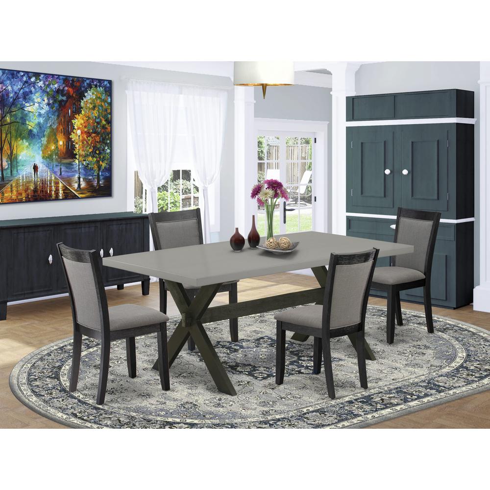 East West Furniture 5 Piece Dining Room Table Set - Cement Top Wood Dining Table with Trestle Base and 4 Dark Gotham Grey Linen Fabric Kitchen Chairs - Wire Brushed Black Finish. Picture 1