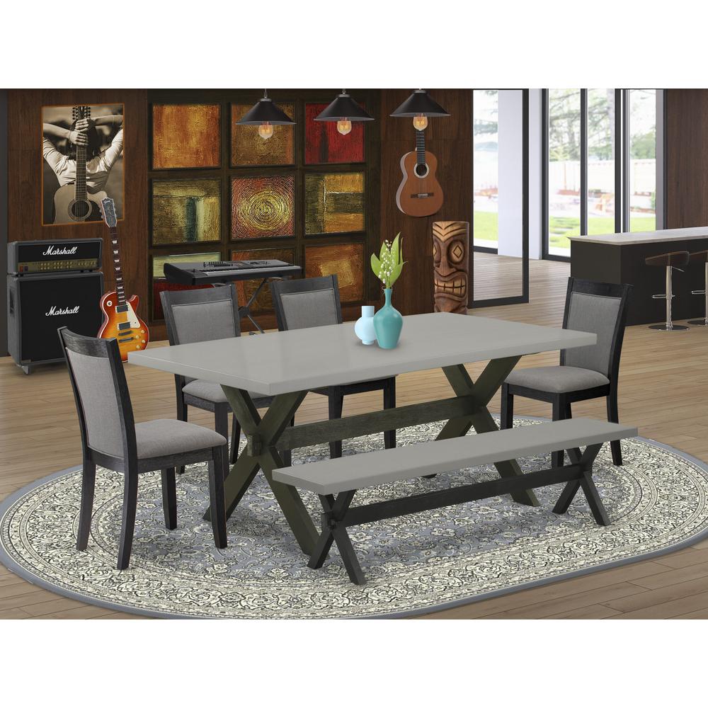 East West Furniture 6 Piece Table Set - Cement Top Modern Dining Table with a Dining Bench and 4 Dark Gotham Grey Linen Fabric Upholstered Parson Chairs - Wire Brushed Black Finish. Picture 1