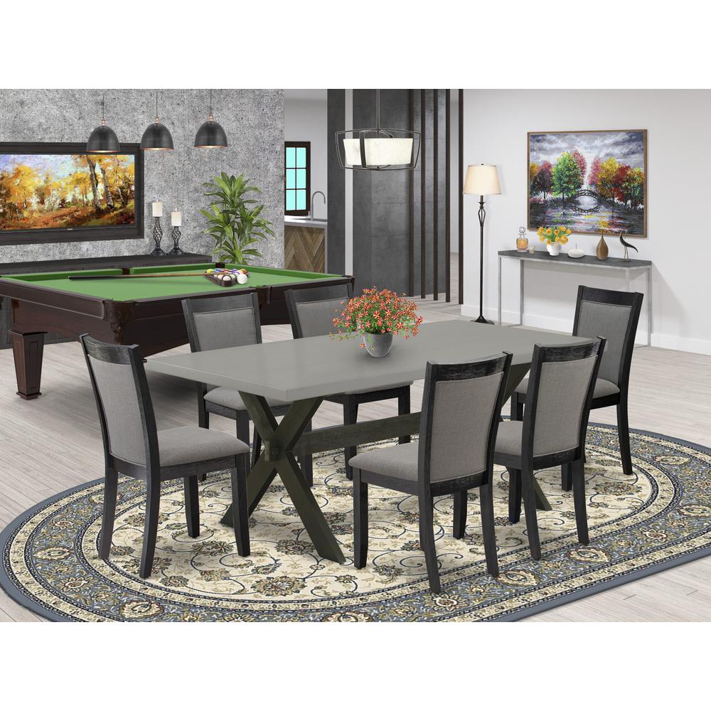 East West Furniture 7 Piece Kitchen Dining Table Set - Cement Top Modern Kitchen Table with Trestle Base and 6 Dark Gotham Grey Linen Fabric Dining Room Chairs - Wire Brushed Black Finish. Picture 1