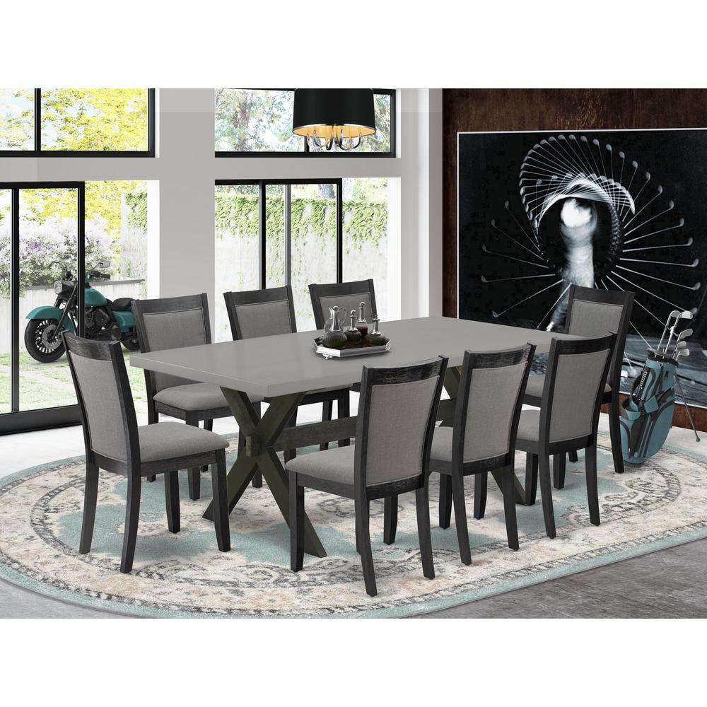 East West Furniture 9 Piece Dining Room Table Set - A Cement Top Wood Table with Trestle Base and 8 Dark Gotham Grey Linen Fabric Wooden Dining Chairs - Wire Brushed Black Finish. Picture 1
