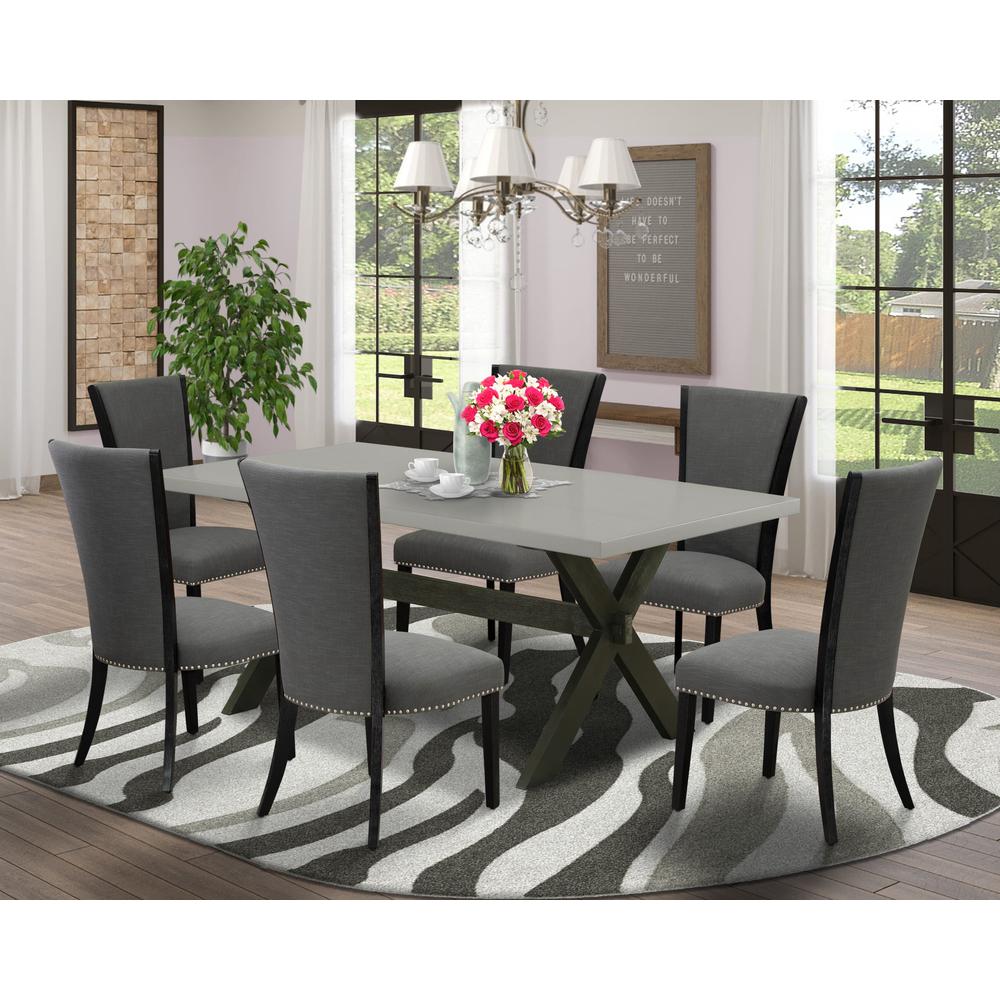 East West Furniture 7 Piece Dinner Table Set Includes a Cement Dining Room Table and 6 Dark Gotham Grey Linen Fabric Dining Room Chairs with High Back - Wire Brushed Black Finish. Picture 1