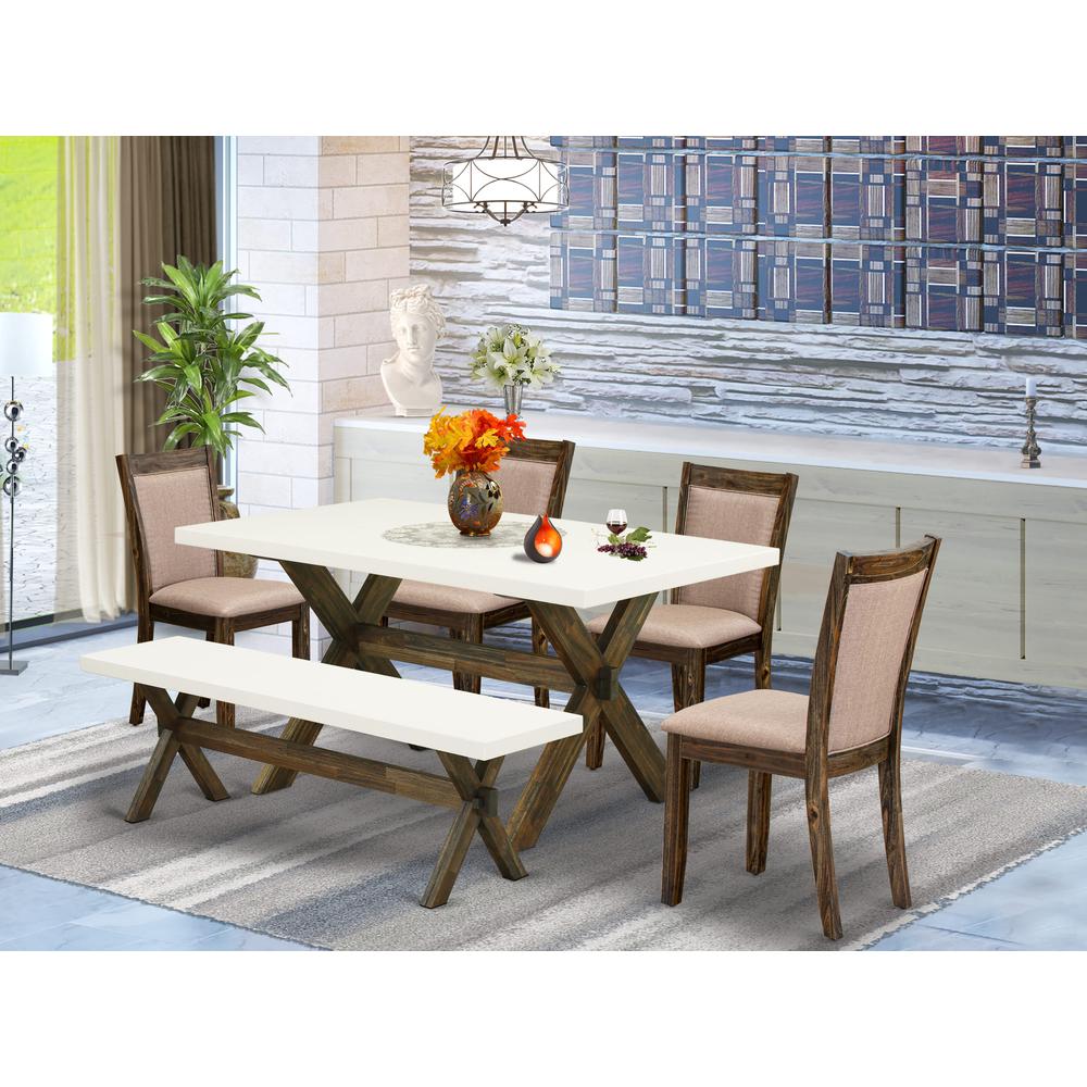 X726MZ716-6 6 Piece Dinning Set- A Kitchen Table in Trestle Base with Wood Bench and 4 Dining Chairs - Distressed Jacobean Finish. Picture 1