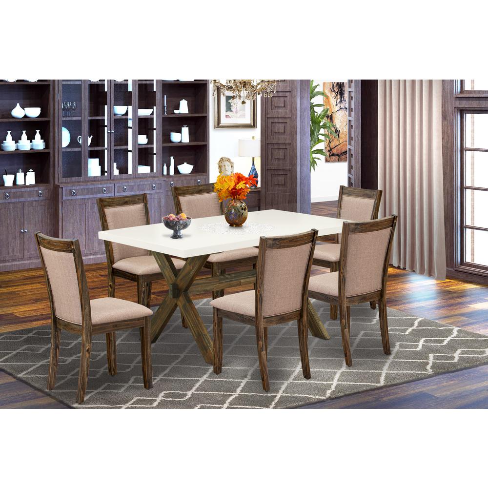 X726MZ716-7 7 Piece Modern Table Set - A Dining Table with Trestle Base and 6 Dining Room Chairs - Distressed Jacobean Finish. Picture 1