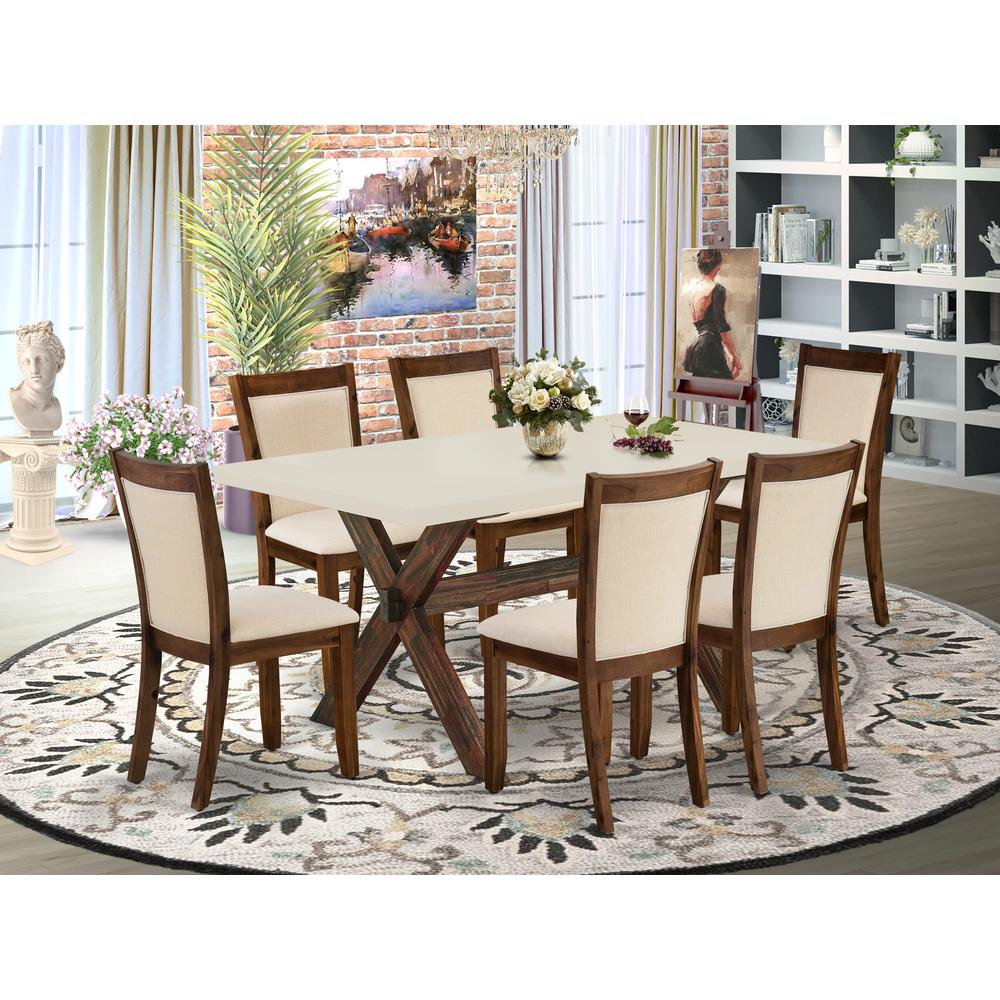 East West Furniture 7-Piece Kitchen Table Set Consists of a Dining Room Table and 6 Light Beige Linen Fabric Dining Room Chairs with Stylish Back - Distressed Jacobean Finish. Picture 1