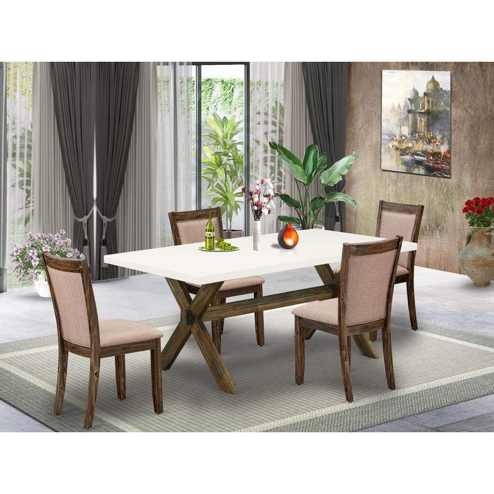 X727MZ716-5 5 Piece Dinner Table Set - A Wooden Dining Table with Trestle Base and 4 Parson Chairs - Distressed Jacobean Finish. Picture 1