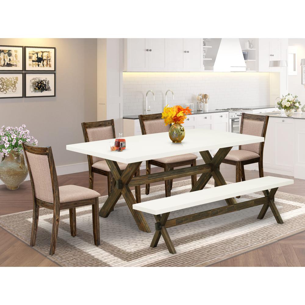 X727MZ716-6 6 Pc Dining Table Set- A Modern Table in Trestle Base with Wood Bench and 4 Parson Chairs - Distressed Jacobean Finish. Picture 1