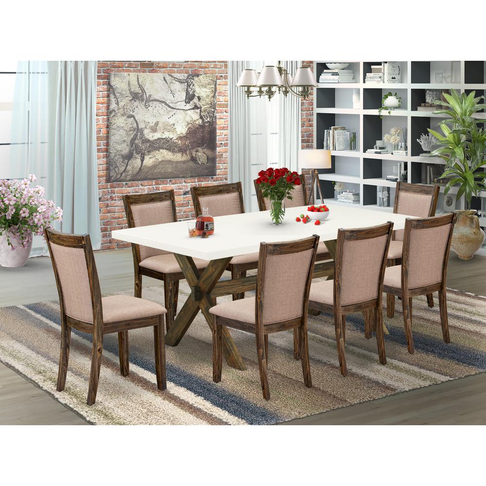 X727MZ716-9 9 Piece Innovative Dining Set - A Dinning Table with Trestle Base and 8 Kitchen Chairs - Distressed Jacobean Finish. Picture 1