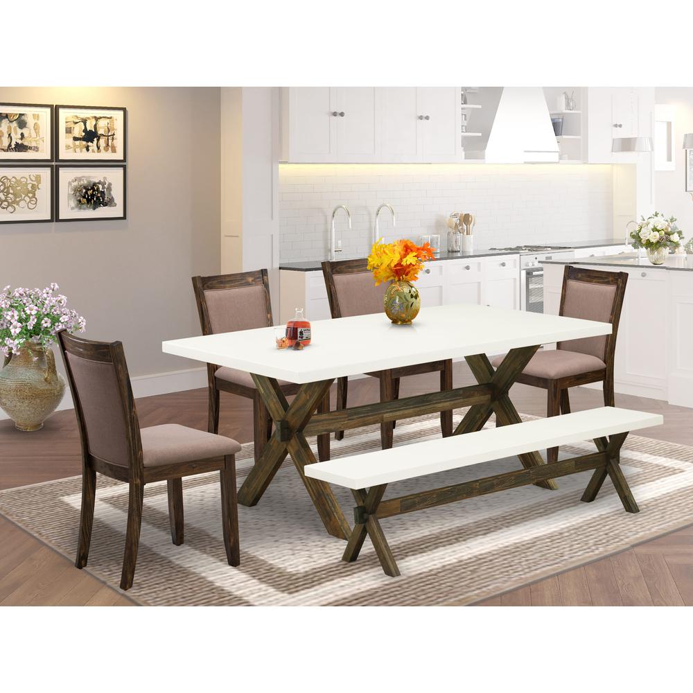 X727MZ748-6 6 Piece Dining Set- A Dinning Table in Trestle Base with Bench and 4 Coffee Dinner Chairs - Distressed Jacobean Finish. Picture 1