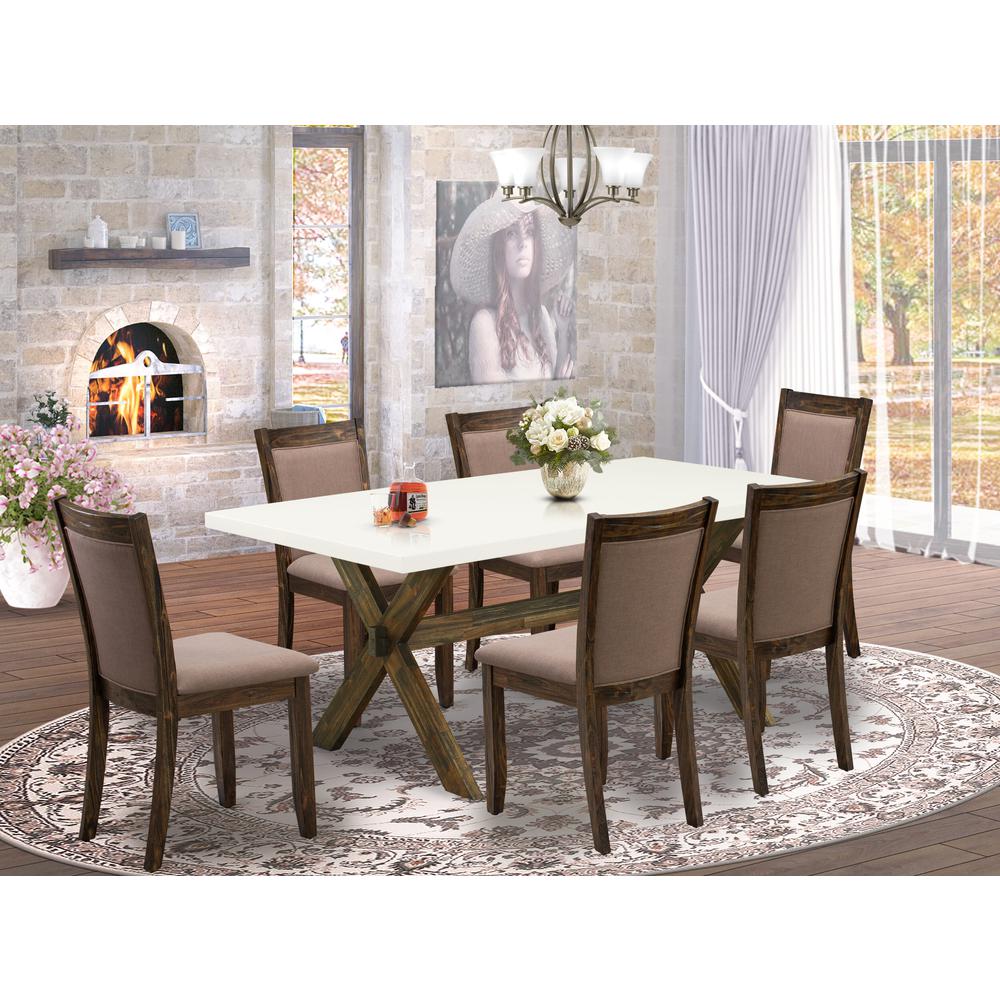 X727MZ748-7 7 Piece Modern Dining Set - A Dining Table with Trestle Base and 6 Coffee Dining Chairs - Distressed Jacobean Finish. Picture 1