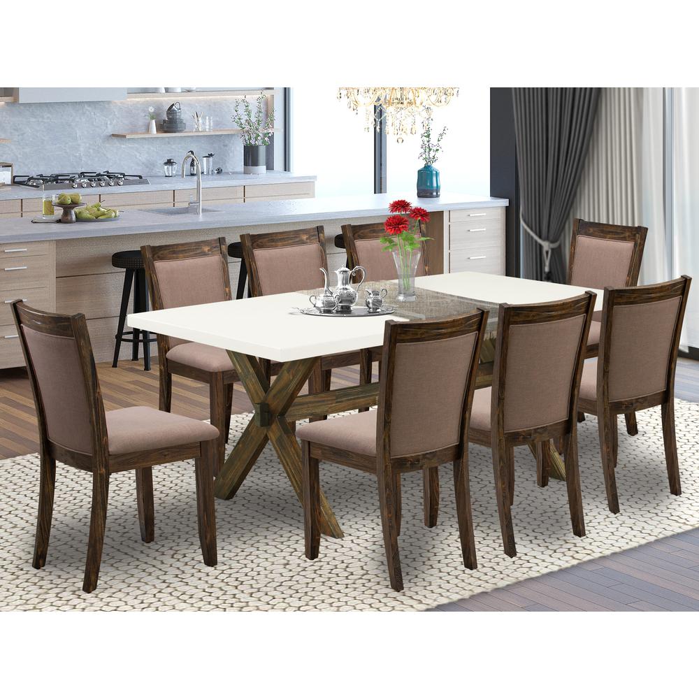 X727MZ748-9 9 Pc Innovative Dining Set - A Kitchen Table with Trestle Base and 8 Coffee Dining Chairs - Distressed Jacobean Finish. Picture 1