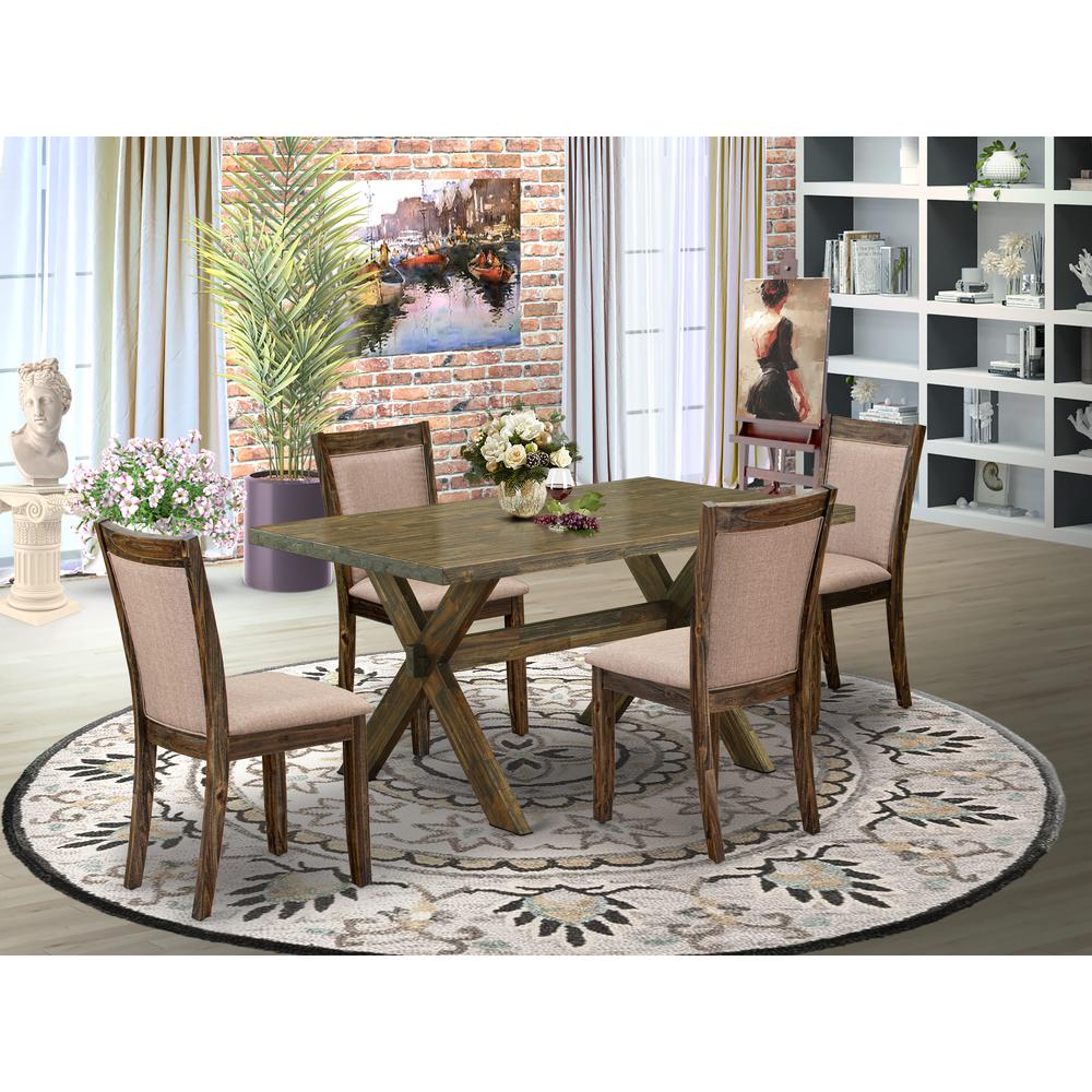 X776MZ716-5 5 Piece Modern Dining Table Set - A Dinning Table with Trestle Base and 4 dinner chairs - Distressed Jacobean Finish. Picture 1