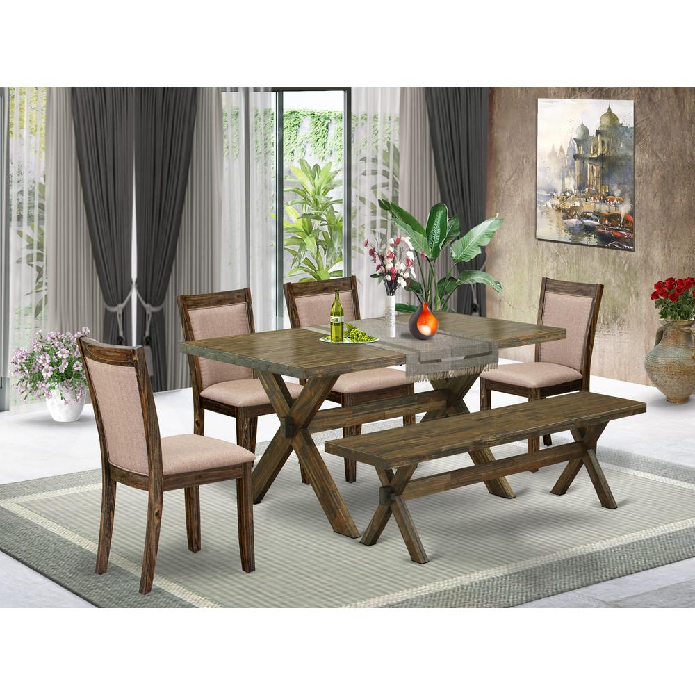 X776MZ716-6 6 Pc Dining Table Set- A Wood Table in Trestle Base with Rustic Bench and 4 Dining Chairs - Distressed Jacobean Finish. Picture 1