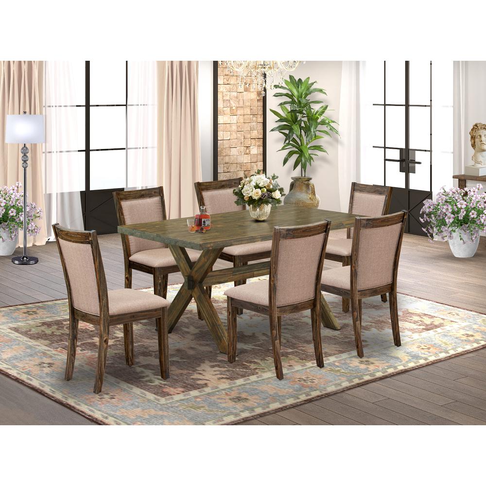 X776MZ716-7 7 Pc Modern Kitchen Dining Set - A Dining Table with Trestle Base and 6 Dining Chairs - Distressed Jacobean Finish. Picture 1