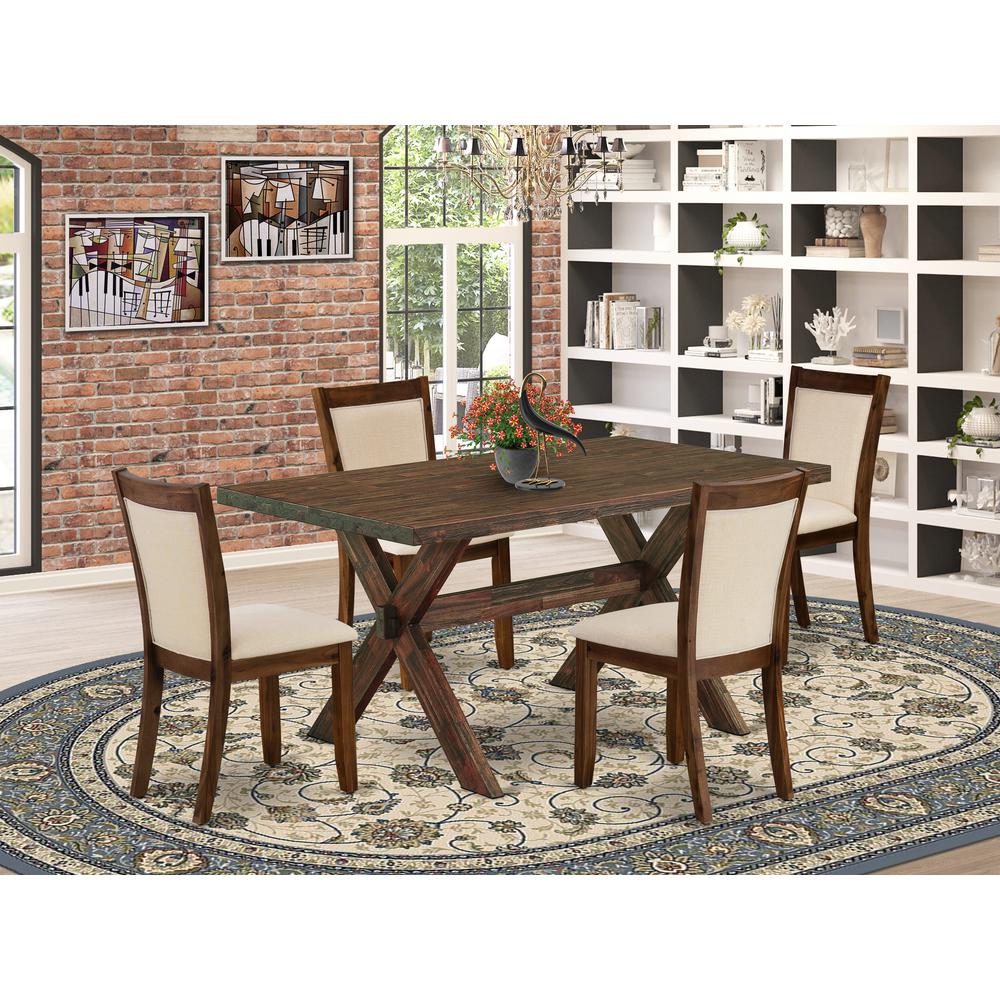East West Furniture 5-Pc Dining Room Table Set Includes a Wooden Table and 4 Light Beige Linen Fabric Upholstered Chairs with Stylish Back - Distressed Jacobean Finish. Picture 1