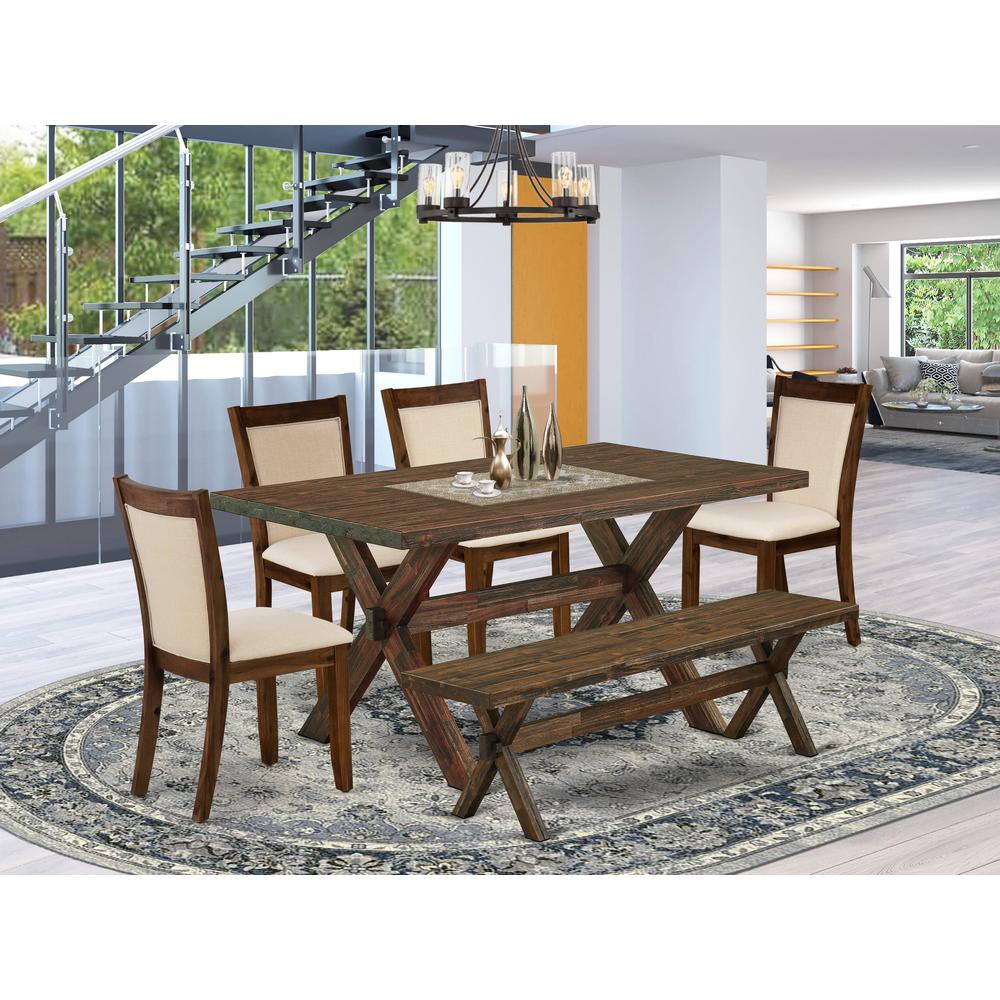 East West Furniture 6-Piece Dining Room Set Consists of a Rectangular Table and a Wooden Bench with 4 Light Beige Linen Fabric Dinner Chairs with Stylish Back - Distressed Jacobean Finish. Picture 1