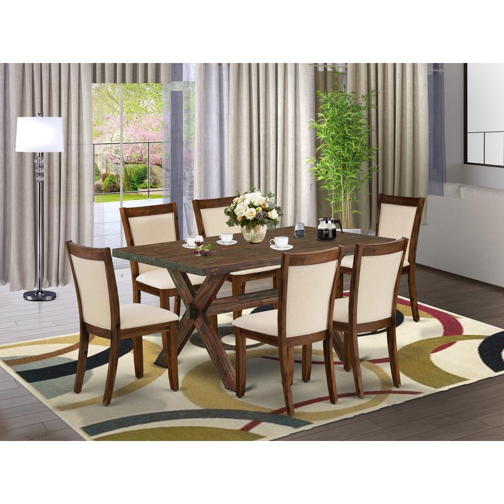East West Furniture 7-Pc Kitchen Table Set Contains a Mid Century Table and 6 Light Beige Linen Fabric Parsons Chairs with Stylish Back - Distressed Jacobean Finish. Picture 1