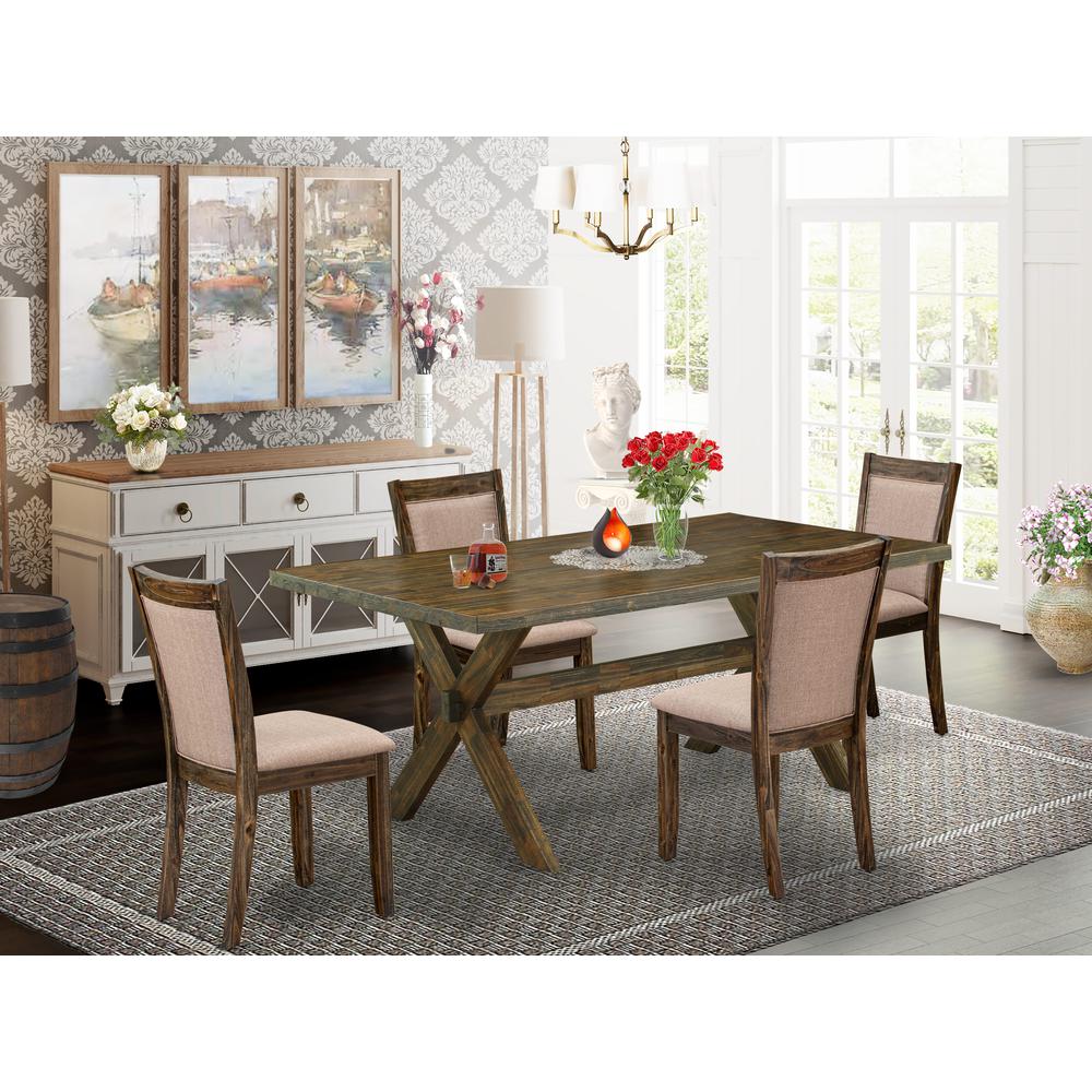 East West Furniture 5 Piece Dining Table Set - A Distressed Jacobean Top Kitchen Table with Trestle Base and 4 Dark Khaki Linen Fabric Dining Chairs - Distressed Jacobean Finish. Picture 1