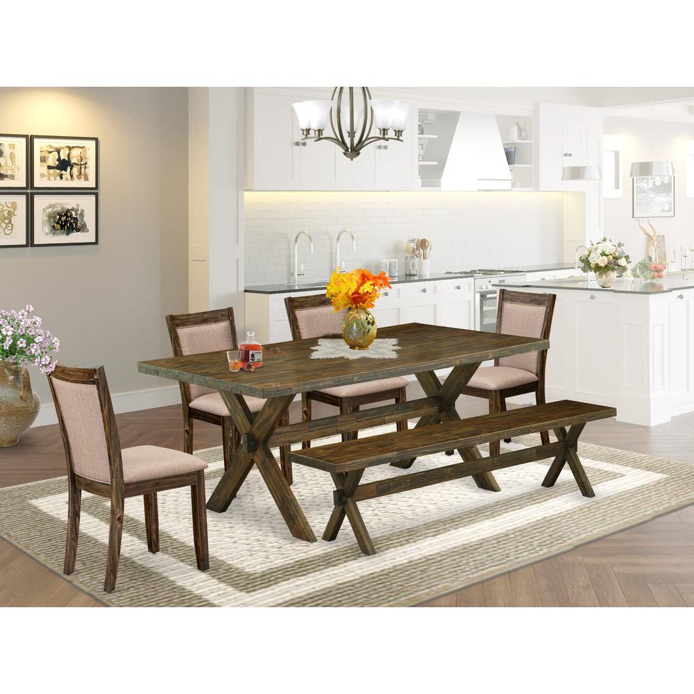 East West Furniture 6 Piece Dinette Set- A Distressed Jacobean Top Modern Dining Table in Trestle Base with Bench and 4 Dark Khaki Linen Fabric Dining Chairs - Distressed Jacobean Finish. Picture 1
