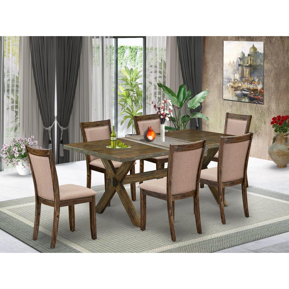 East West Furniture 7 Piece Rustic Dining Table Set - A Distressed Jacobean Top Wooden Table with Trestle Base and 6 Dark Khaki Linen Fabric Dining Chairs - Distressed Jacobean Finish. Picture 1