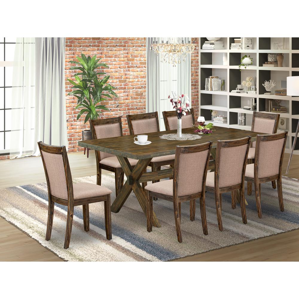 East West Furniture 9 Piece Modern Dining Set - A Distressed Jacobean Top Dining Table with Trestle Base and 8 Dark Khaki Linen Fabric Parson Chairs - Distressed Jacobean Finish. Picture 1
