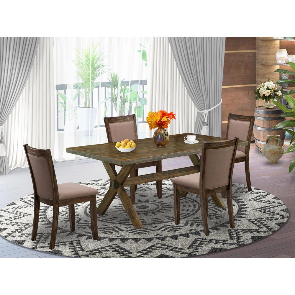 East West Furniture 5 Piece Dinning Table Set - A Distressed Jacobean Top Dining Table with Trestle Base and 4 Coffee Linen Fabric Rustic Dining Chairs - Distressed Jacobean Finish. Picture 1