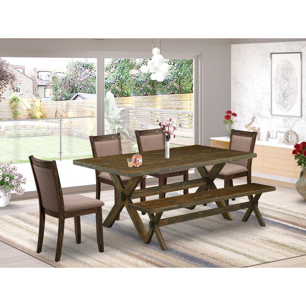 East West Furniture 6 Piece Dining Set- A Distressed Jacobean Top Wooden Table in Trestle Base with Small Wood Bench and 4 Coffee Linen Fabric Kitchen Chairs - Distressed Jacobean Finish. Picture 1