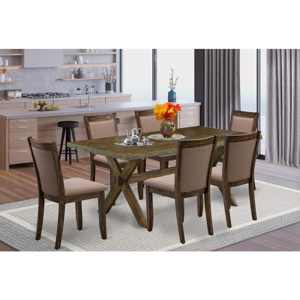 East West Furniture 7 Piece Wooden Kitchen Table Set - A Distressed Jacobean Top Dining Table with Trestle Base and 6 Coffee Linen Fabric Wood Dining Chairs - Distressed Jacobean Finish. Picture 1