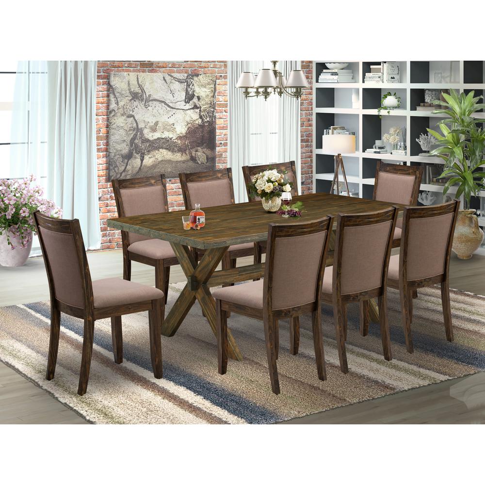 East West Furniture 9 Piece Kitchen Table Set - A Distressed Jacobean Top Kitchen Table with Trestle Base and 8 Coffee Linen Fabric Dinner Chairs - Distressed Jacobean Finish. Picture 1