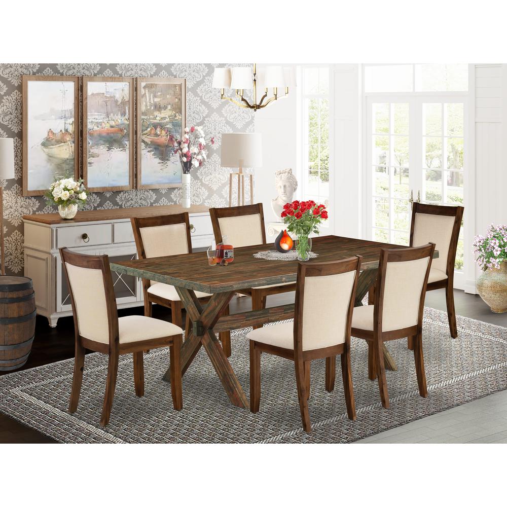 East West Furniture 7-Piece Dining Table Set Contains a Wooden Table and 6 Light Beige Linen Fabric Mid Century Dining Chairs with Stylish Back - Distressed Jacobean Finish. Picture 1