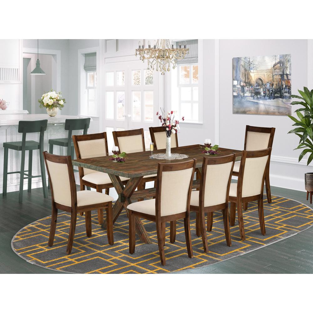 East West Furniture 9-Pc Kitchen Table Set Includes a Wooden Dining Table and 8 Light Beige Linen Fabric Mid Century Dining Chairs with Stylish Back - Distressed Jacobean Finish. Picture 1
