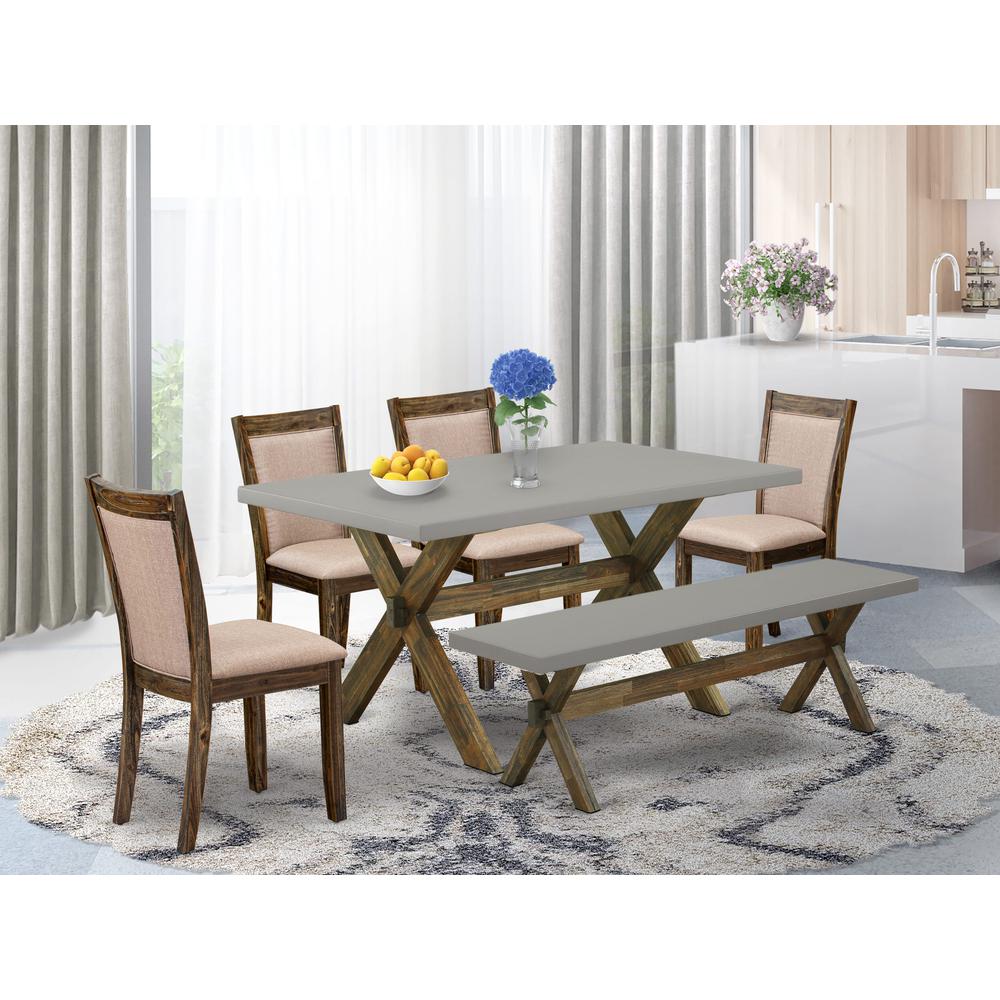 East West Furniture 6 Piece Dinning Room Set- A Cement Top Kitchen Table in Trestle Base with Wooden Bench and 4 Dark Khaki Linen Fabric Modern Chairs - Distressed Jacobean Finish. Picture 1
