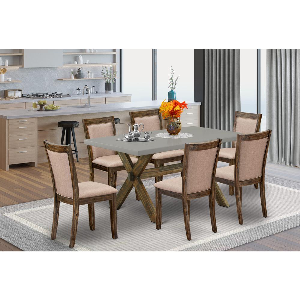 East West Furniture 7 Piece Contemporary Modern Dining Set - A Cement Top Dinner Table with Trestle Base and 6 Dark Khaki Linen Fabric Dining Room Chairs - Distressed Jacobean Finish. Picture 1