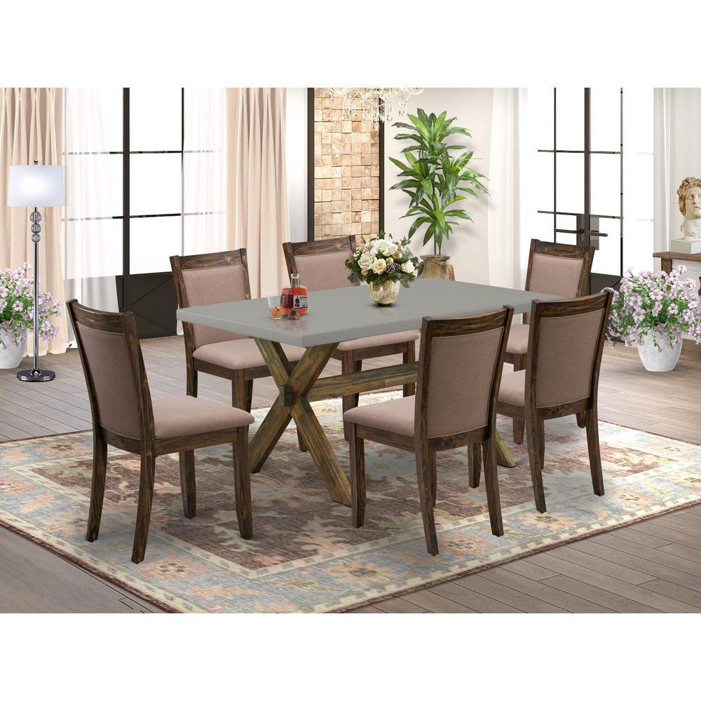 East West Furniture 7-Pc Dinette Room Set - 6 Padded Parson Chairs and 1 Modern Kitchen Table (Distressed Jacobean Finish). Picture 1