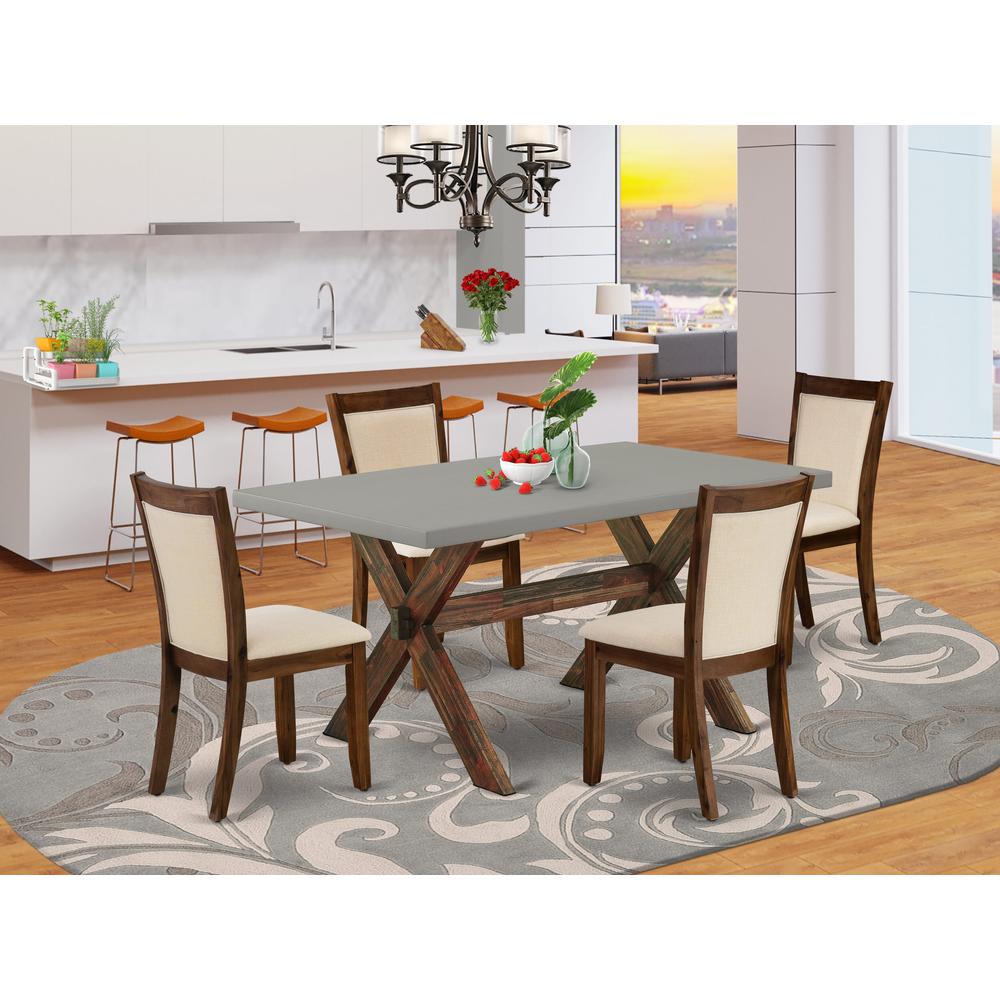 East West Furniture 5-Piece Dining Room Table Set Consists of a Mid Century Dining Table and 4 Light Beige Linen Fabric Parsons Chairs with Stylish Back - Distressed Jacobean Finish. Picture 1
