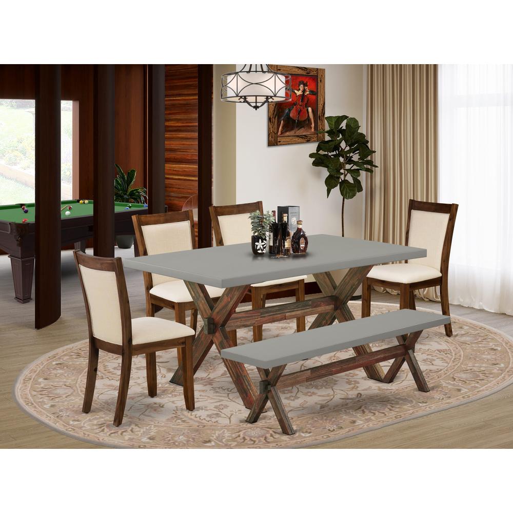 East West Furniture 6-Pc Table Set Contains a Rectangular Table and a Small Bench with 4 Light Beige Linen Fabric Parsons Chairs with Stylish Back - Distressed Jacobean Finish. Picture 1