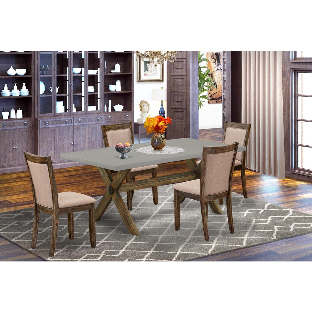 East West Furniture 5 Piece Modern Dinette Set - A Cement Top Rustic Kitchen Table with Trestle Base and 4 Dark Khaki Linen Fabric Dinner Chairs - Distressed Jacobean Finish. Picture 1