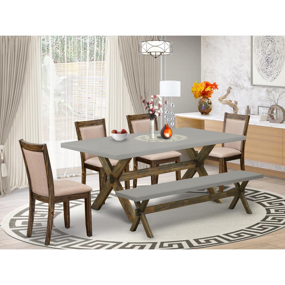 East West Furniture 6 Piece Dinning Set- A Cement Top Dining Table in Trestle Base with Dining Bench and 4 Dark Khaki Linen Fabrics Wooden Dining Chairs - Distressed Jacobean Finish. Picture 1