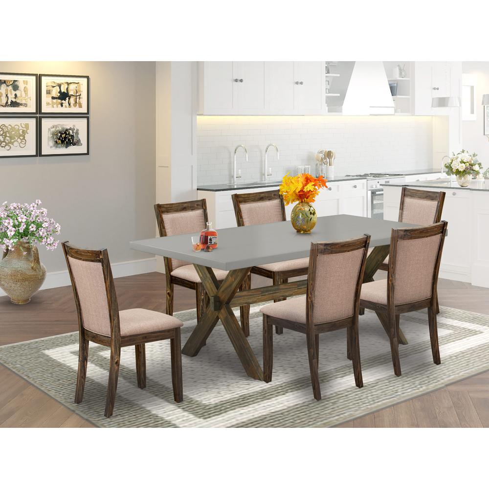 East West Furniture 7 Piece Contemporary Dining Table Set - A Cement Top Breakfast Table with Trestle Base and 6 Dark Khaki Linen Fabric Wood Dining Chairs - Distressed Jacobean Finish. Picture 1