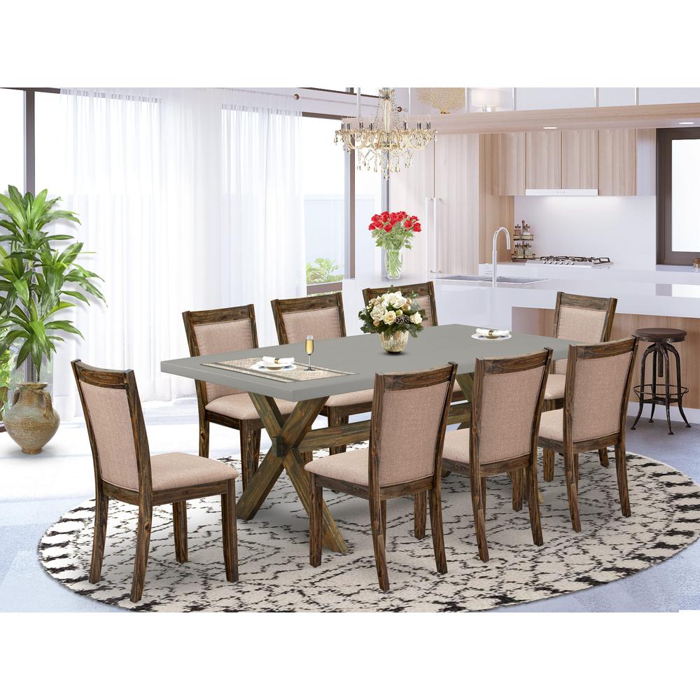 East West Furniture 9 Piece Innovative Dining Set - A Cement Top Kitchen Table with Trestle Base and 8 Dark Khaki Linen Fabric Kitchen & Dining Room Chairs - Distressed Jacobean Finish. Picture 1