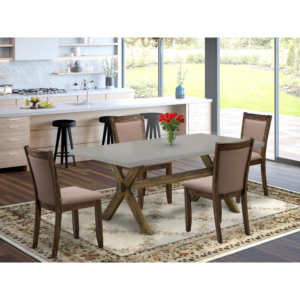 East West Furniture 5 Piece Innovative Dinning Room Set - A Cement Top Wooden Dining Table with Trestle Base and 4 Coffee Linen Fabric Rustic Dining Chairs - Distressed Jacobean Finish. Picture 1