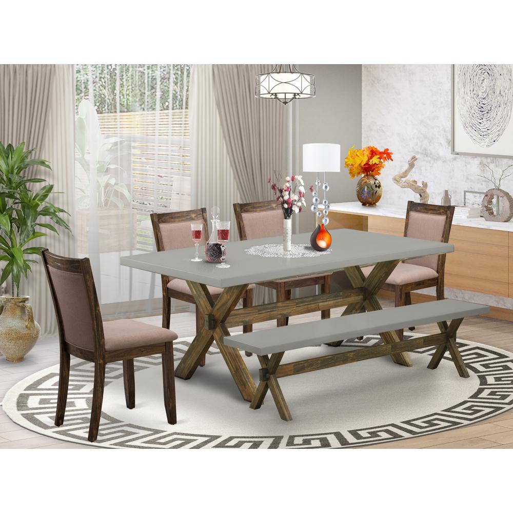 East West Furniture 6 Piece Modern Dining Table Set- A Cement Top Kitchen Table in Trestle Base with Small Wood Bench and 4 Coffee Linen Fabric Dining Chairs - Distressed Jacobean Finish. Picture 1