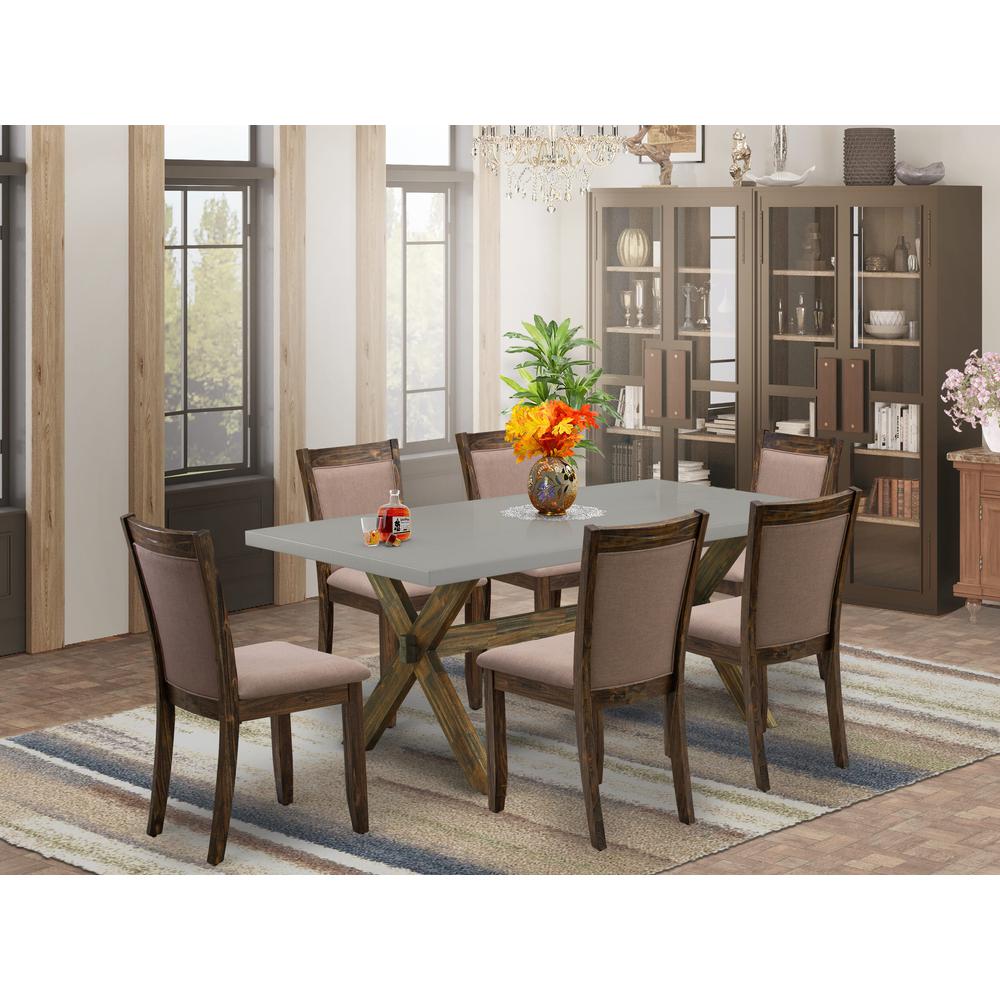 East West Furniture 7 Piece Modern Dinner Table Set - A Cement Top Dining Room Table with Trestle Base and 6 Coffee Linen Fabric Mid Century Dining Chairs - Distressed Jacobean Finish. Picture 1