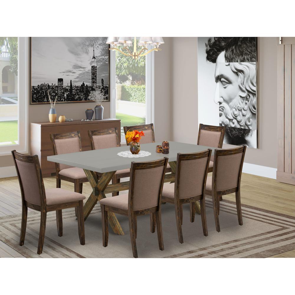 East West Furniture 9 Piece Dining Room Table Set - A Cement Top Wooden Dining Table with Trestle Base and 8 Coffee Linen Fabric Modern Dining Chairs - Distressed Jacobean Finish. Picture 1