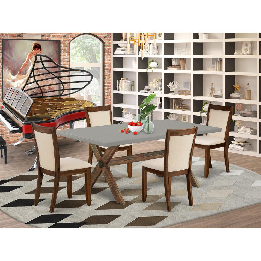 East West Furniture 5-Pc Dinner Table Set Consists of a Wood Dining Table and 4 Light Beige Linen Fabric Upholstered Dining Chairs with Stylish Back - Distressed Jacobean Finish. Picture 1