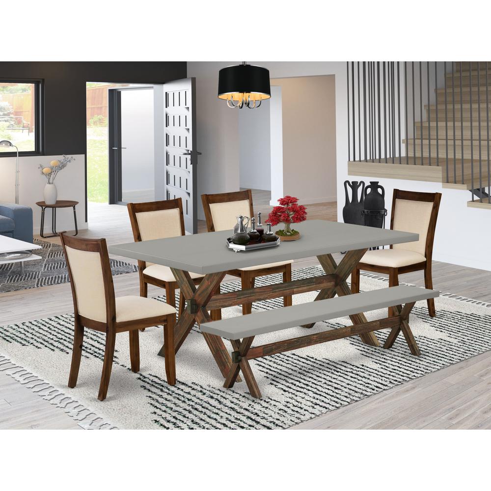 East West Furniture 6-Piece Table Set Contains a Dining Table and a Small Dining Bench with 4 Light Beige Linen Fabric Upholstered Chairs with Stylish Back - Distressed Jacobean Finish. Picture 1