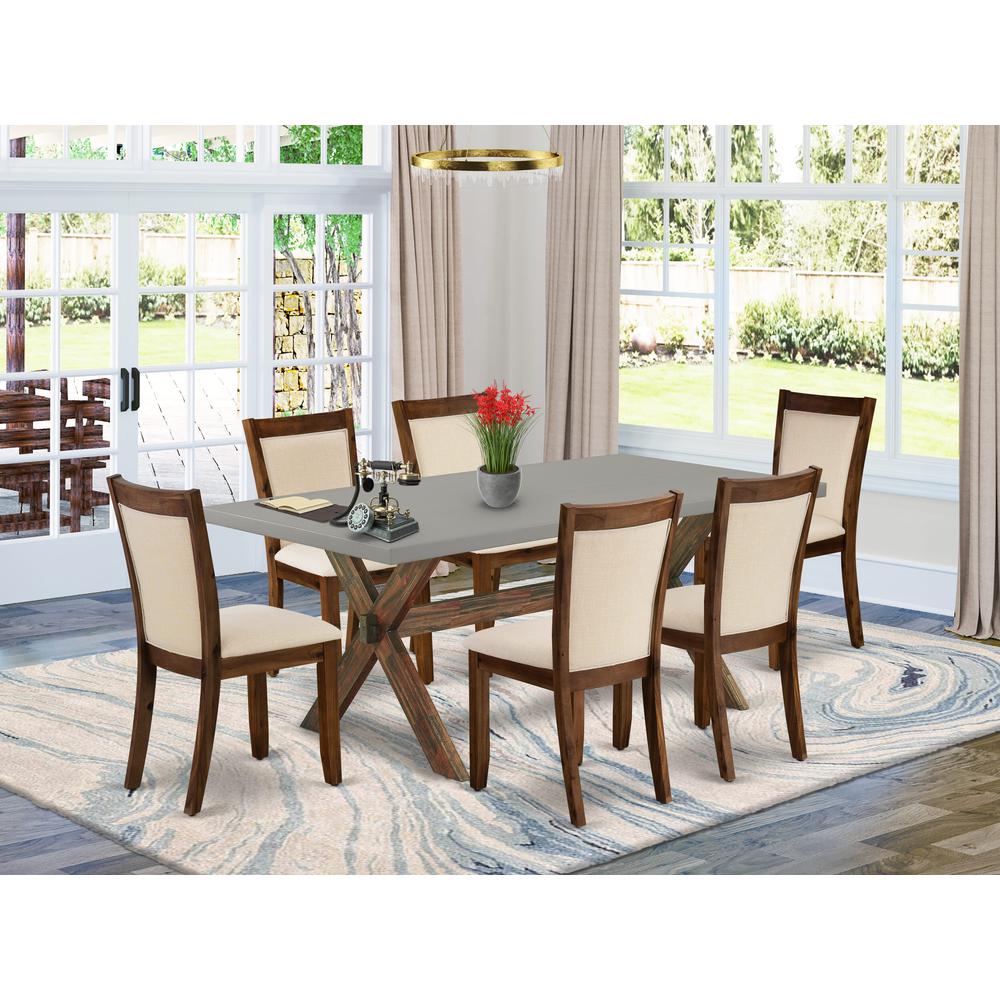 East West Furniture 7-Pc Kitchen Table Set Includes a Dining Table and 6 Light Beige Linen Fabric Dining Room Chairs with Stylish Back - Distressed Jacobean Finish. Picture 1