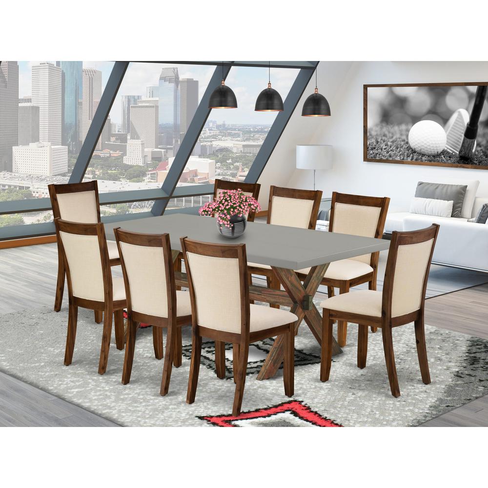 East West Furniture 9-Piece Mid Century Dining Table Set Consists of a Wooden Table and 8 Light Beige Linen Fabric Upholstered Dining Chairs with Stylish Back - Distressed Jacobean Finish. Picture 1