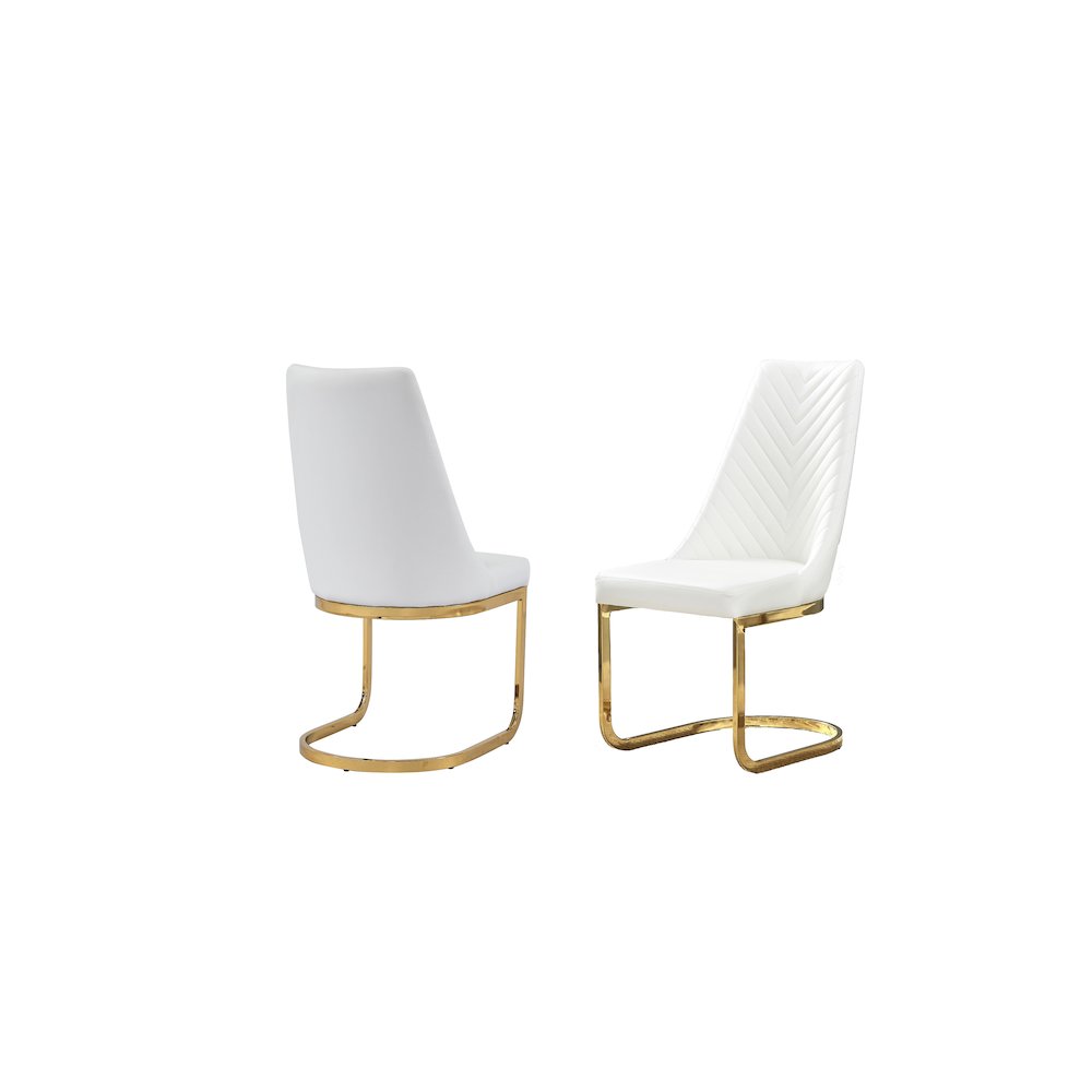 White Faux Leather Tufted Dining Side Chairs, Chrome Gold Base - Set of 2. Picture 1