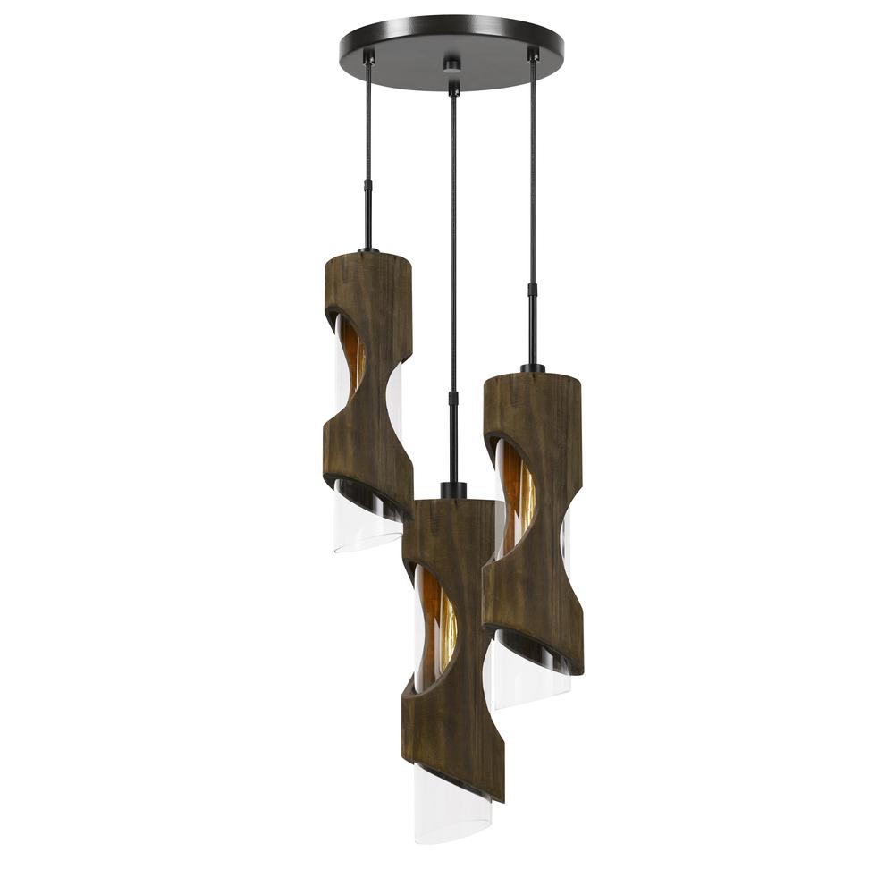60W X 3 Zamora 3 Light Wood Pendant With Clear Glass Shade (Edison Bulbs Not Included). Picture 4